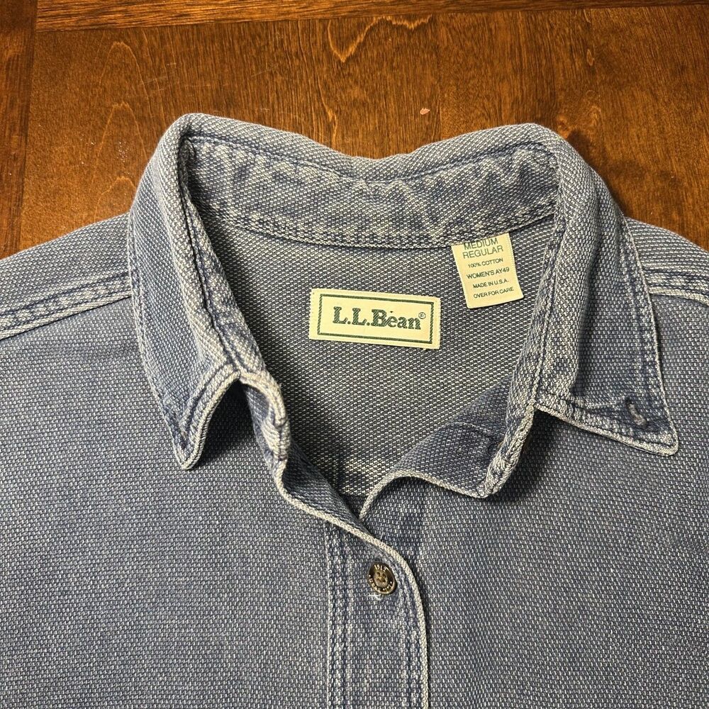 Vintage 90s L.L.Bean Canvas Button Up Shirt Women's Medium Blue Made in USA